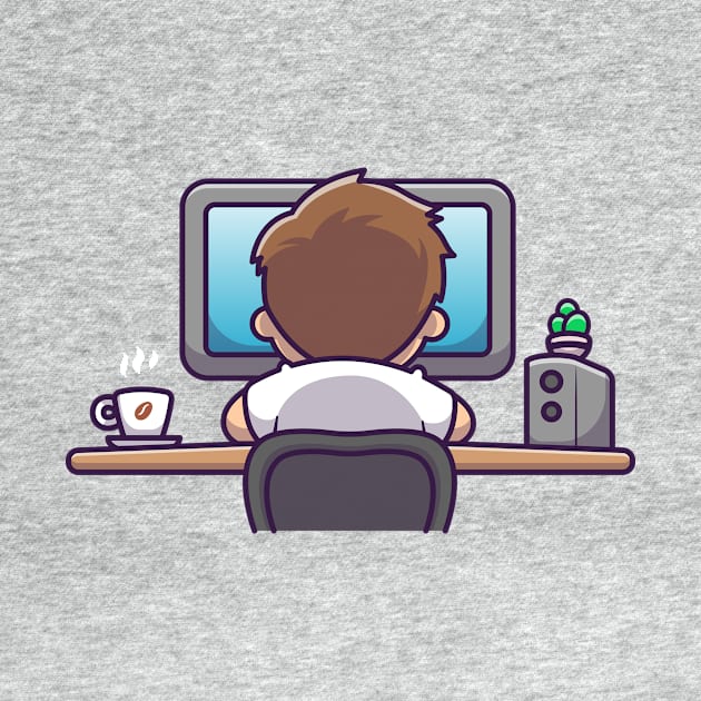 Cute Man Working On Computer With Coffee Cartoon by Catalyst Labs